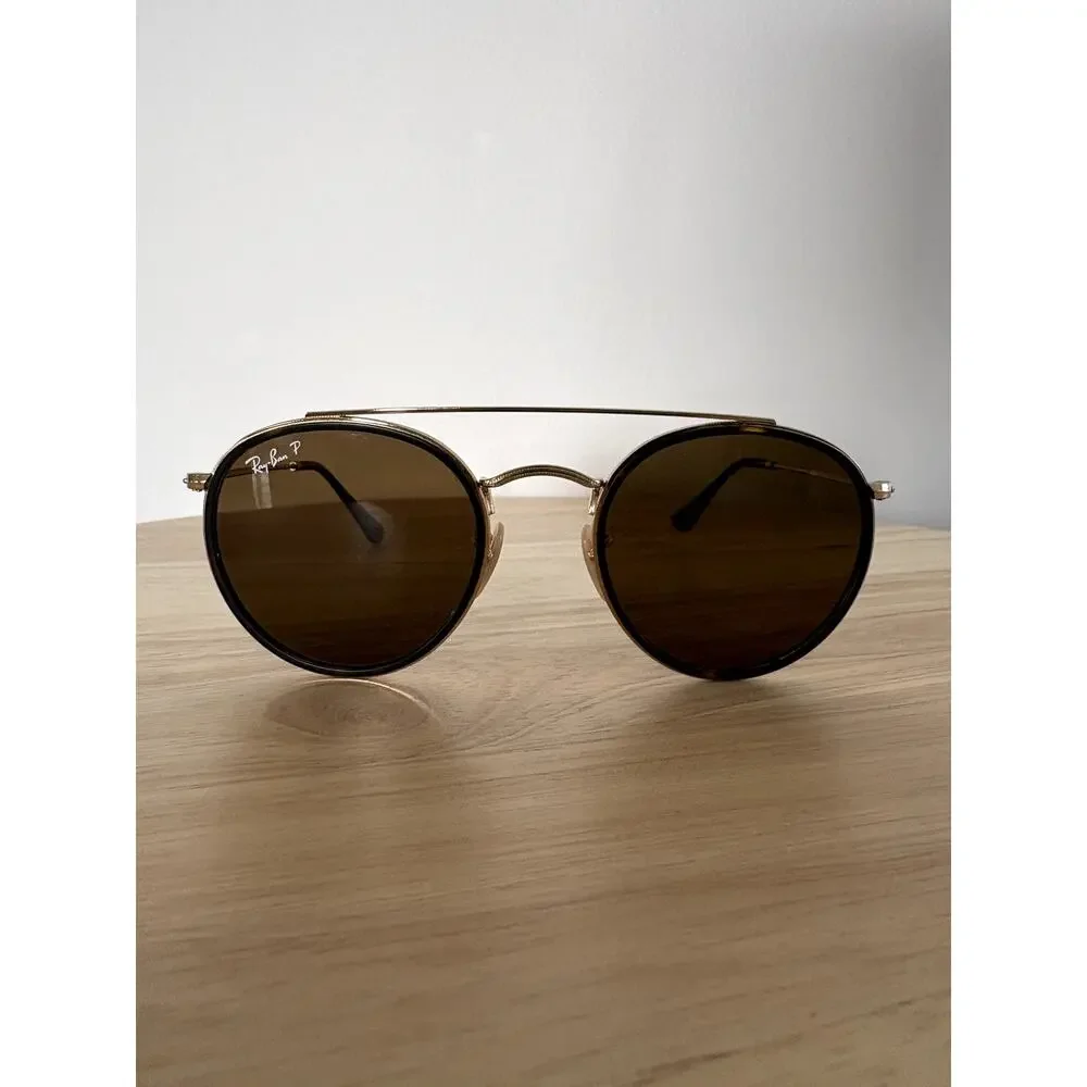 Ray-Ban Round Double Bridge Polarized Brown Sunglasses Gold Frame RB3647N 51mm
